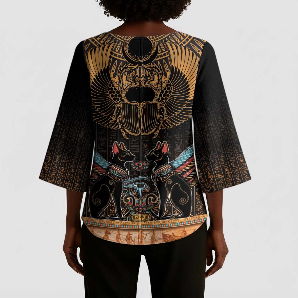Ancient Egypt Scarab Beetle Kimono Sleeve Blouse Hieroglyphs Alphabet Pattern