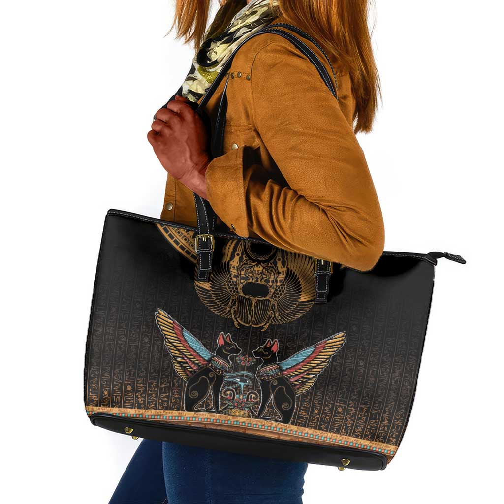 Ancient Egypt Scarab Beetle Leather Tote Bag Hieroglyphs Alphabet Pattern
