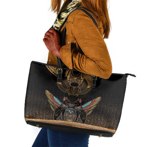 Ancient Egypt Scarab Beetle Leather Tote Bag Hieroglyphs Alphabet Pattern