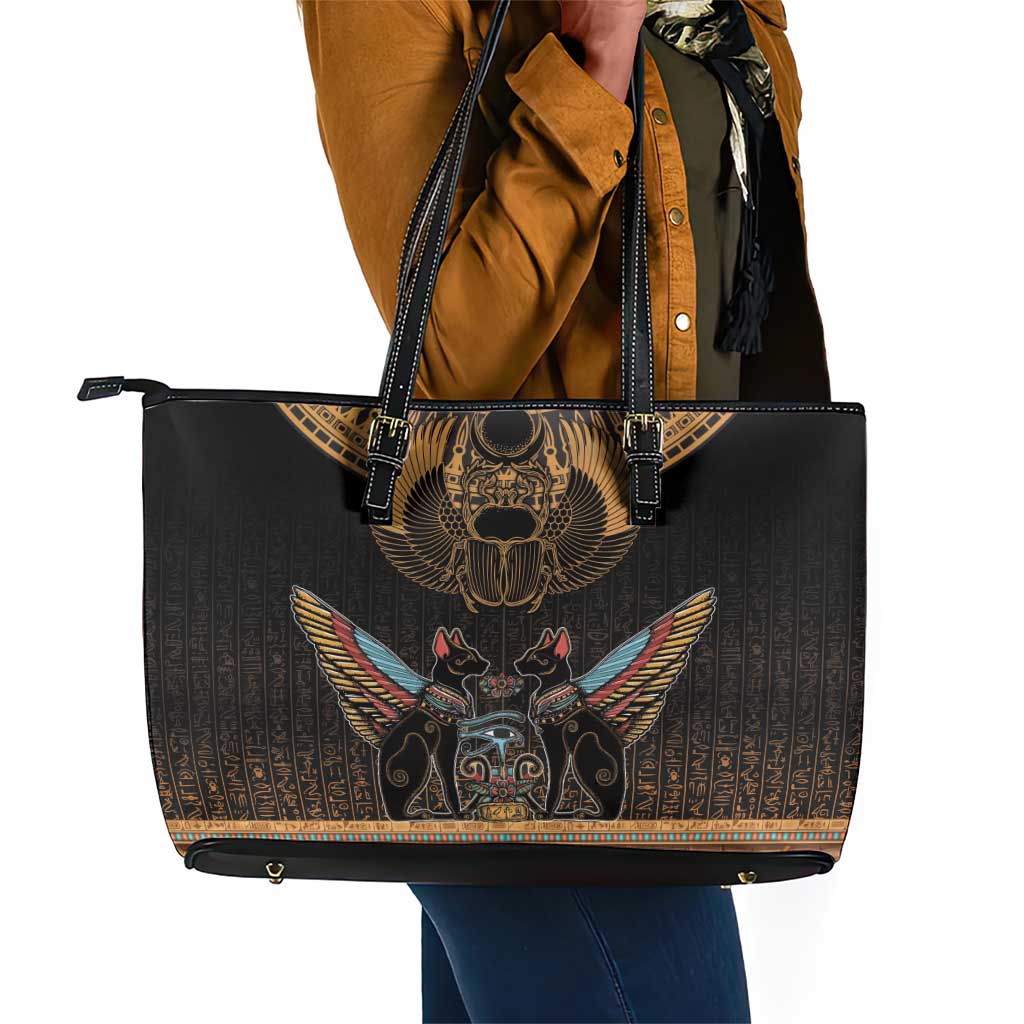 Ancient Egypt Scarab Beetle Leather Tote Bag Hieroglyphs Alphabet Pattern