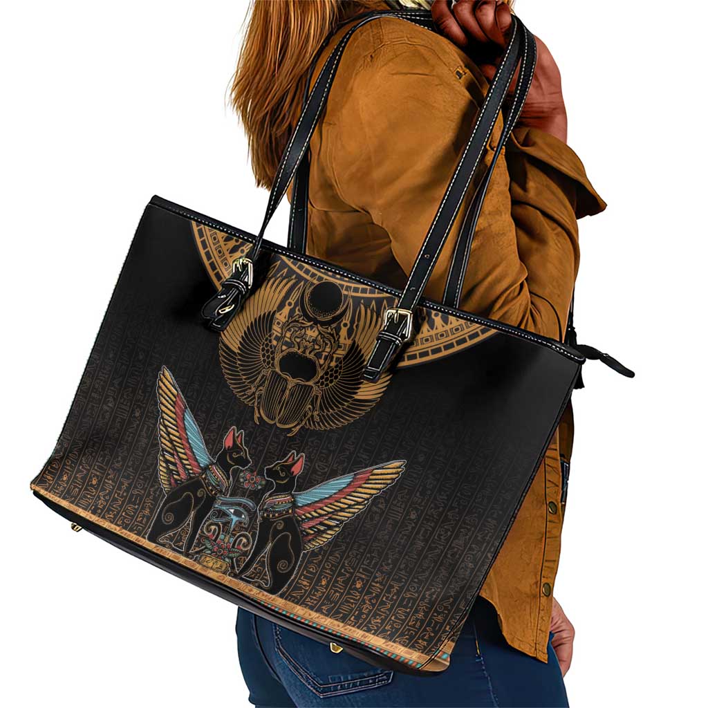 Ancient Egypt Scarab Beetle Leather Tote Bag Hieroglyphs Alphabet Pattern