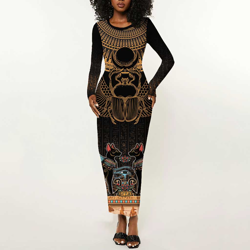 Ancient Egypt Scarab Beetle Long Sleeve Bodycon Dress Hieroglyphs Alphabet Pattern LT18