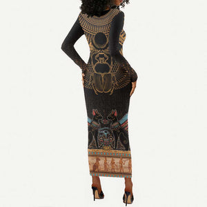 Ancient Egypt Scarab Beetle Long Sleeve Bodycon Dress Hieroglyphs Alphabet Pattern LT18