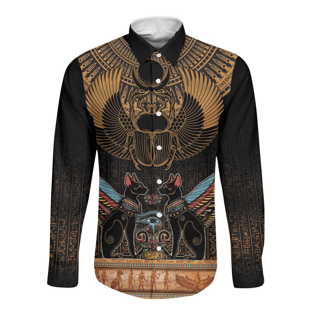 Ancient Egypt Scarab Beetle Long Sleeve Button Shirt Hieroglyphs Alphabet Pattern