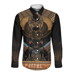 Ancient Egypt Scarab Beetle Long Sleeve Button Shirt Hieroglyphs Alphabet Pattern
