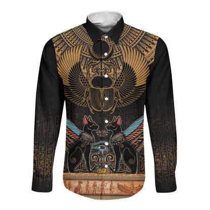Ancient Egypt Scarab Beetle Long Sleeve Button Shirt Hieroglyphs Alphabet Pattern