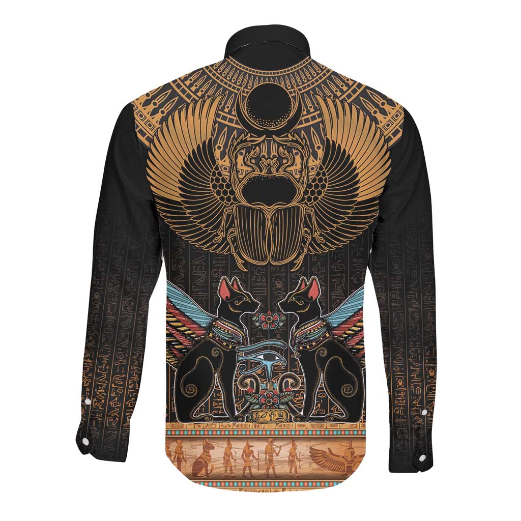 Ancient Egypt Scarab Beetle Long Sleeve Button Shirt Hieroglyphs Alphabet Pattern