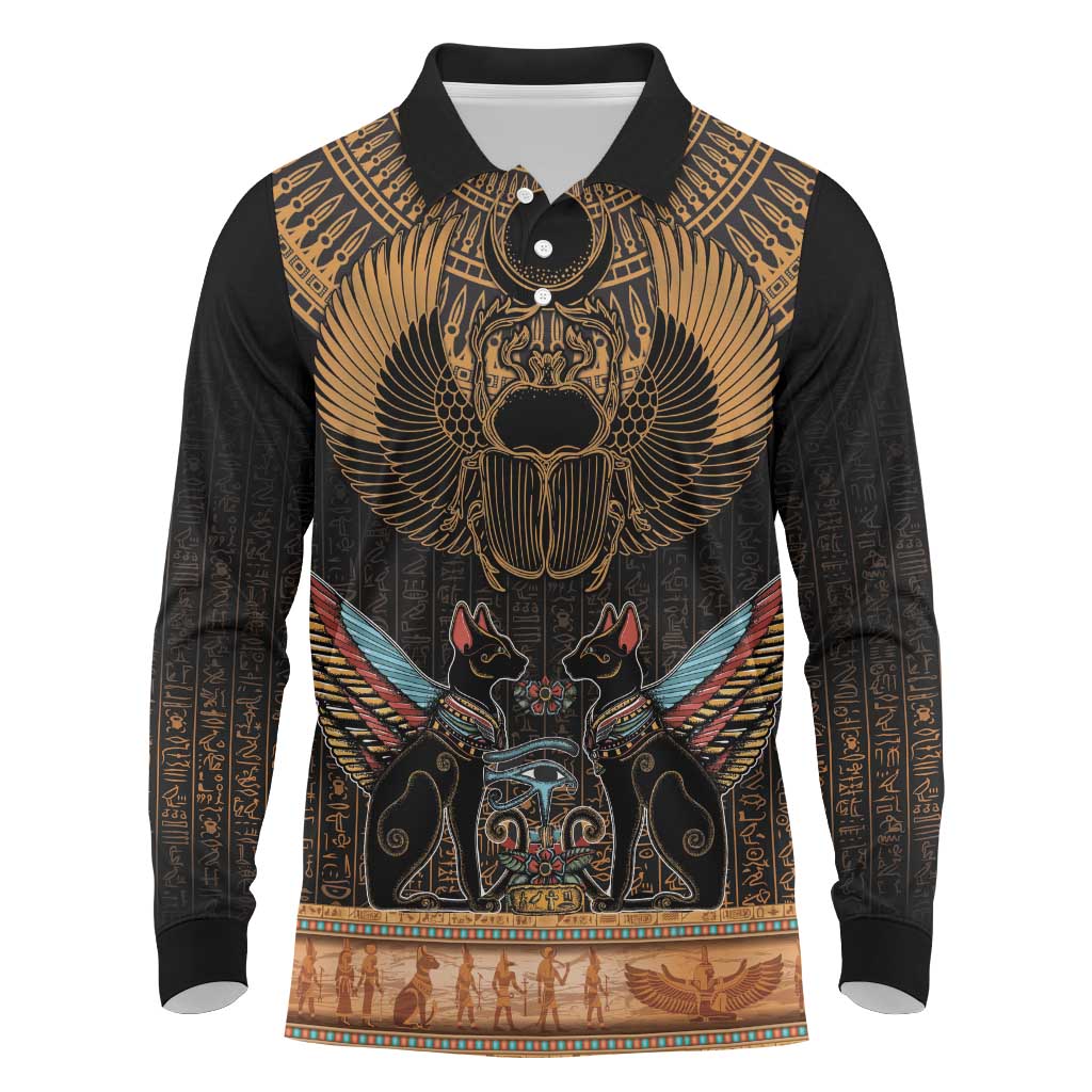 Ancient Egypt Scarab Beetle Long Sleeve Polo Shirt Hieroglyphs Alphabet Pattern