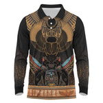 Ancient Egypt Scarab Beetle Long Sleeve Polo Shirt Hieroglyphs Alphabet Pattern