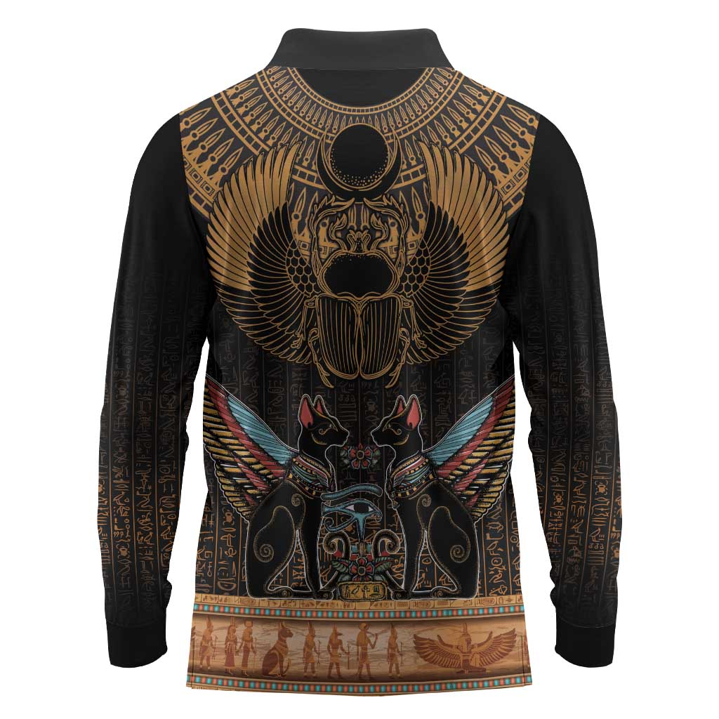 Ancient Egypt Scarab Beetle Long Sleeve Polo Shirt Hieroglyphs Alphabet Pattern
