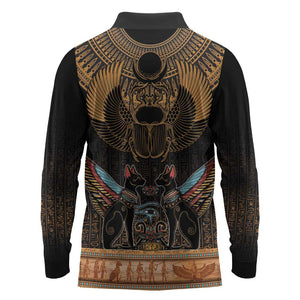 Ancient Egypt Scarab Beetle Long Sleeve Polo Shirt Hieroglyphs Alphabet Pattern