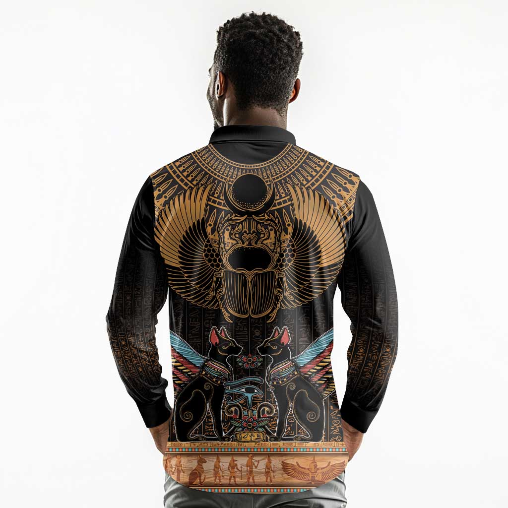 Ancient Egypt Scarab Beetle Long Sleeve Polo Shirt Hieroglyphs Alphabet Pattern