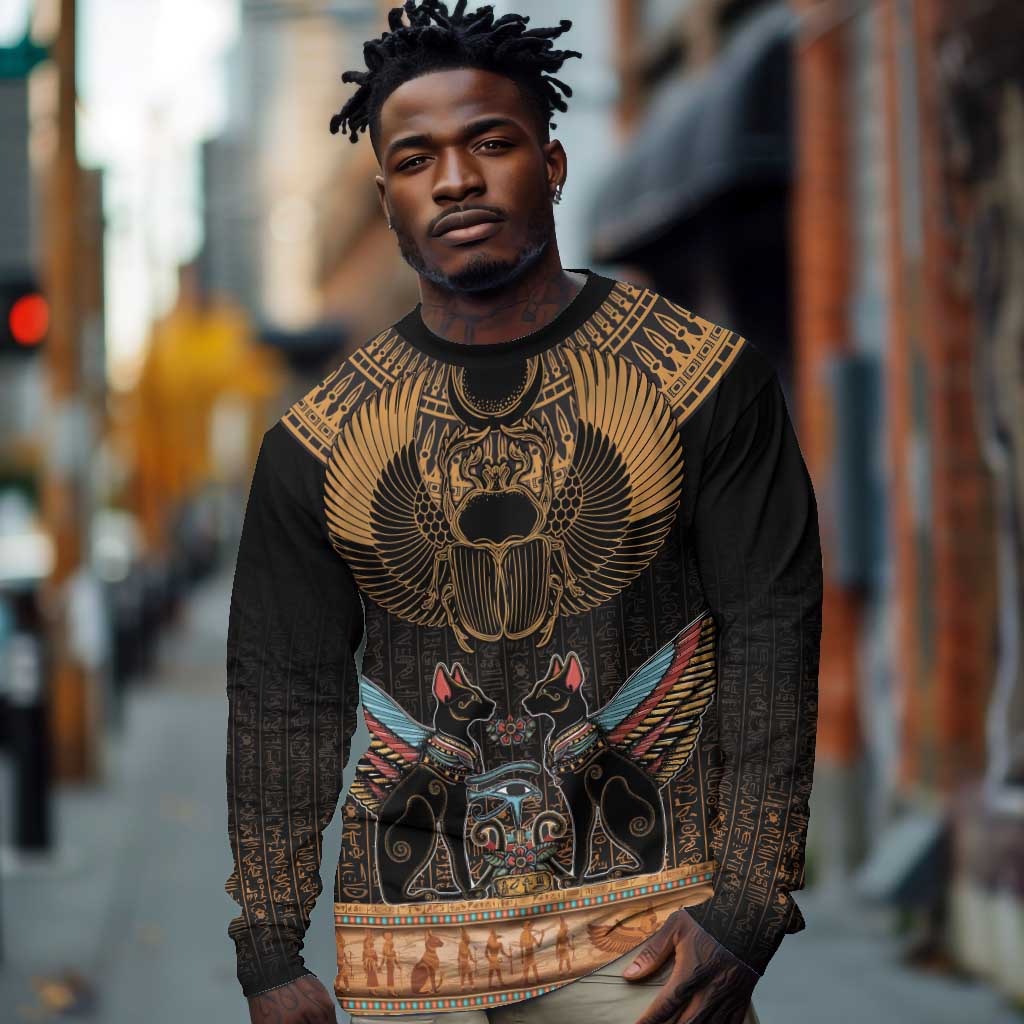 Ancient Egypt Scarab Beetle Long Sleeve Shirt Hieroglyphs Alphabet Pattern