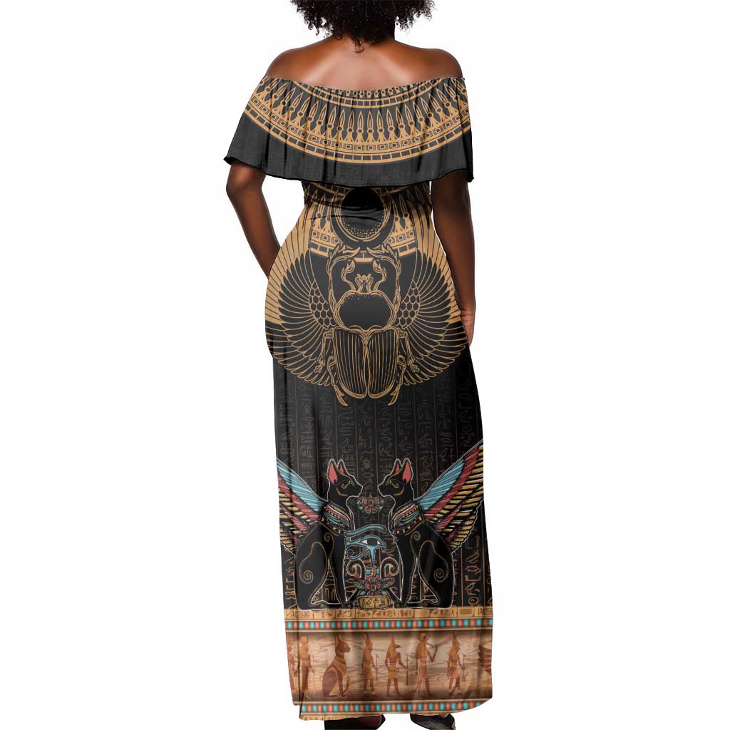 Ancient Egypt Scarab Beetle Off Shoulder Maxi Dress Hieroglyphs Alphabet Pattern