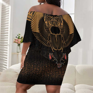 Ancient Egypt Scarab Beetle Off Shoulder Short Dress Hieroglyphs Alphabet Pattern