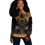 Ancient Egypt Scarab Beetle Off Shoulder Sweater Hieroglyphs Alphabet Pattern
