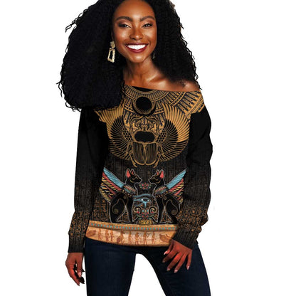 Ancient Egypt Scarab Beetle Off Shoulder Sweater Hieroglyphs Alphabet Pattern