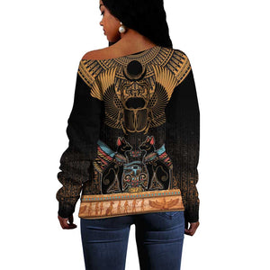 Ancient Egypt Scarab Beetle Off Shoulder Sweater Hieroglyphs Alphabet Pattern
