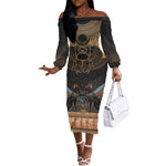 Ancient Egypt Scarab Beetle Off The Shoulder Long Sleeve Dress Hieroglyphs Alphabet Pattern