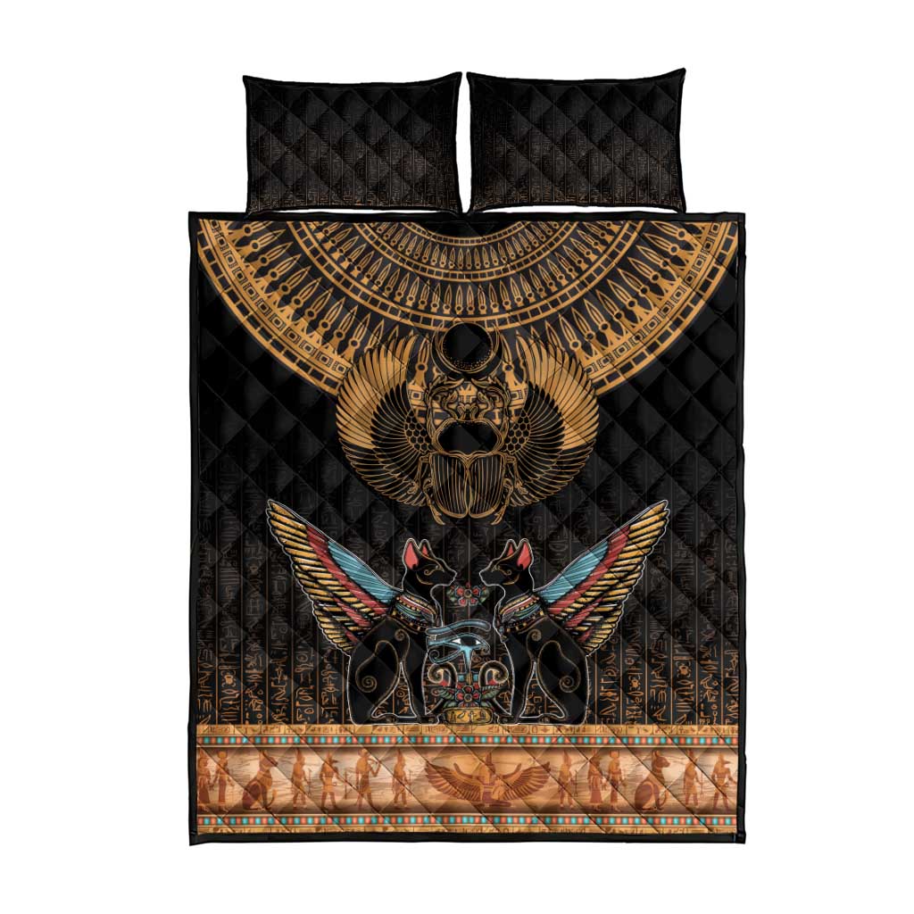 Ancient Egypt Scarab Beetle Quilt Bed Set Hieroglyphs Alphabet Pattern