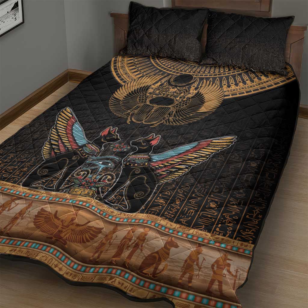 Ancient Egypt Scarab Beetle Quilt Bed Set Hieroglyphs Alphabet Pattern