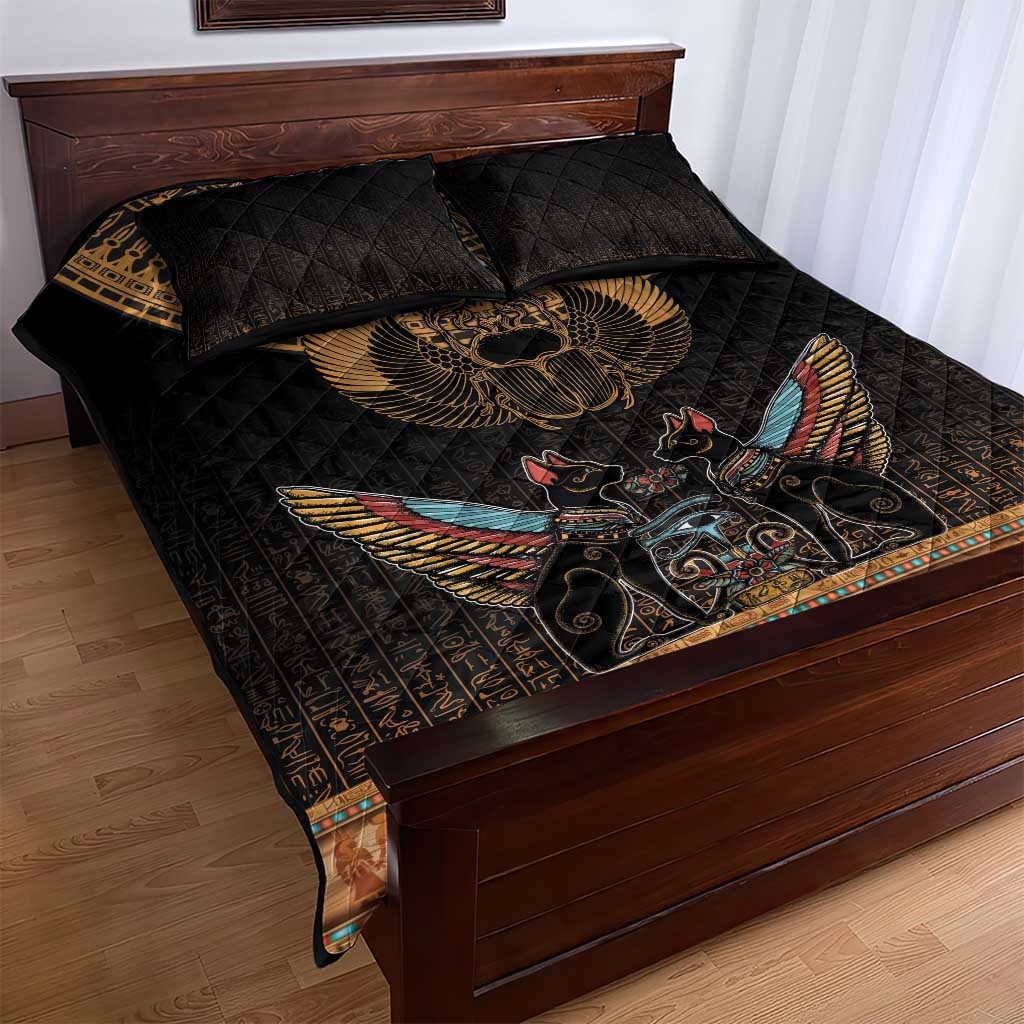 Ancient Egypt Scarab Beetle Quilt Bed Set Hieroglyphs Alphabet Pattern