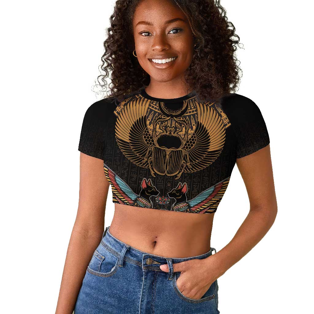 Ancient Egypt Scarab Beetle Raglan Cropped T shirt Hieroglyphs Alphabet Pattern