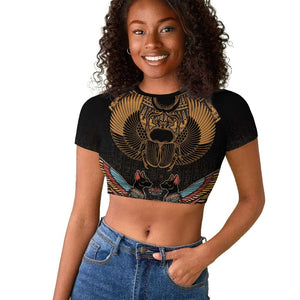 Ancient Egypt Scarab Beetle Raglan Cropped T shirt Hieroglyphs Alphabet Pattern