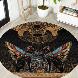 Ancient Egypt Scarab Beetle Round Carpet Hieroglyphs Alphabet Pattern