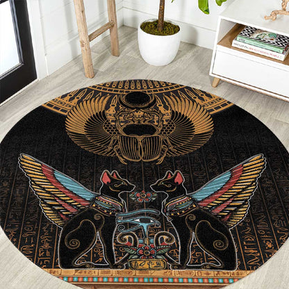 Ancient Egypt Scarab Beetle Round Carpet Hieroglyphs Alphabet Pattern