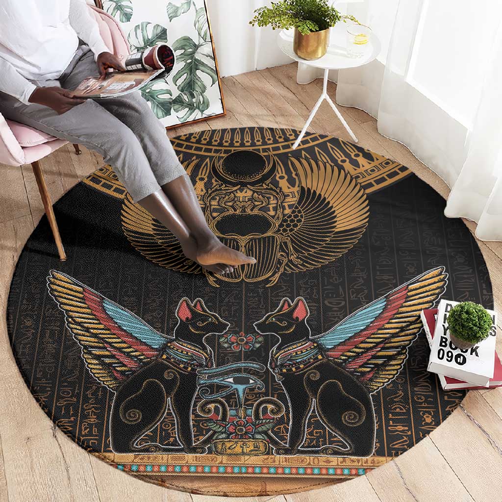 Ancient Egypt Scarab Beetle Round Carpet Hieroglyphs Alphabet Pattern