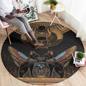 Ancient Egypt Scarab Beetle Round Carpet Hieroglyphs Alphabet Pattern