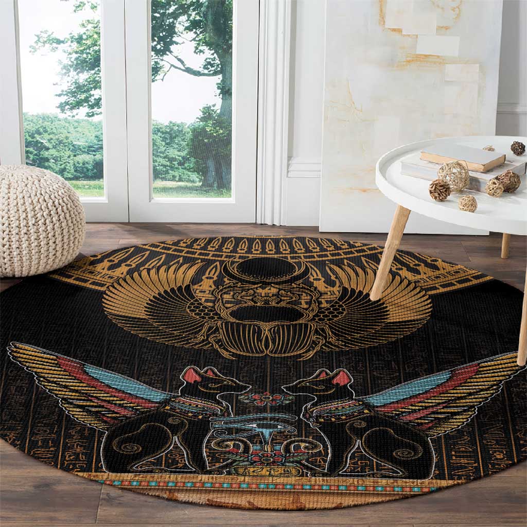 Ancient Egypt Scarab Beetle Round Carpet Hieroglyphs Alphabet Pattern