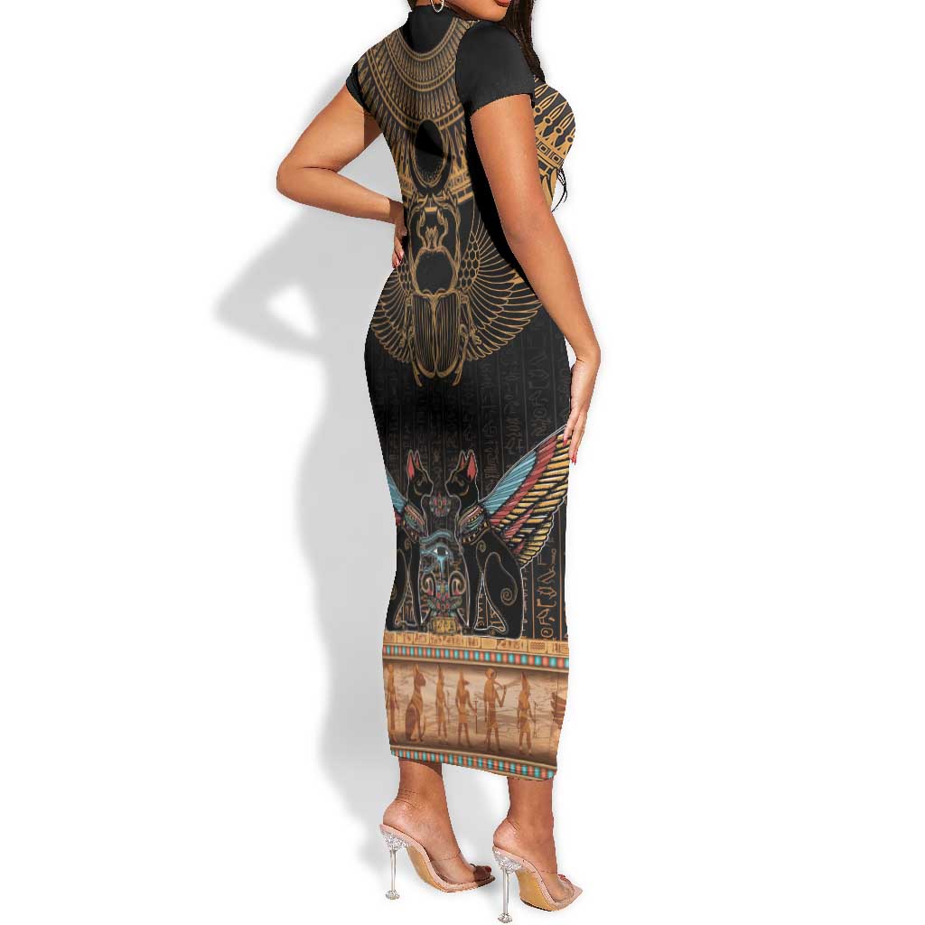 Ancient Egypt Scarab Beetle Short Sleeve Bodycon Dress Hieroglyphs Alphabet Pattern LT18
