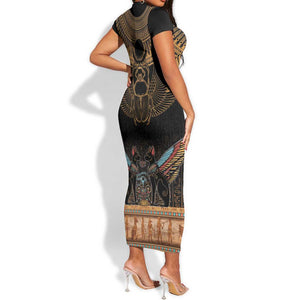 Ancient Egypt Scarab Beetle Short Sleeve Bodycon Dress Hieroglyphs Alphabet Pattern LT18