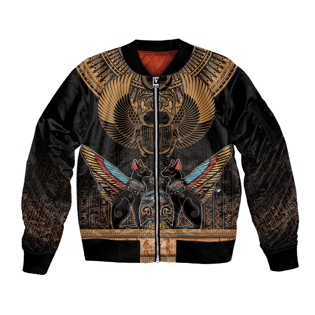 Ancient Egypt Scarab Beetle Sleeve Zip Bomber Jacket Hieroglyphs Alphabet Pattern