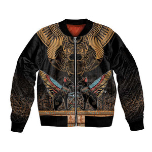 Ancient Egypt Scarab Beetle Sleeve Zip Bomber Jacket Hieroglyphs Alphabet Pattern