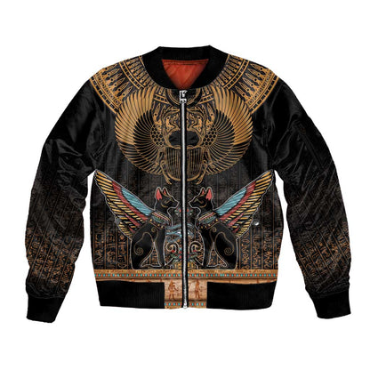 Ancient Egypt Scarab Beetle Sleeve Zip Bomber Jacket Hieroglyphs Alphabet Pattern