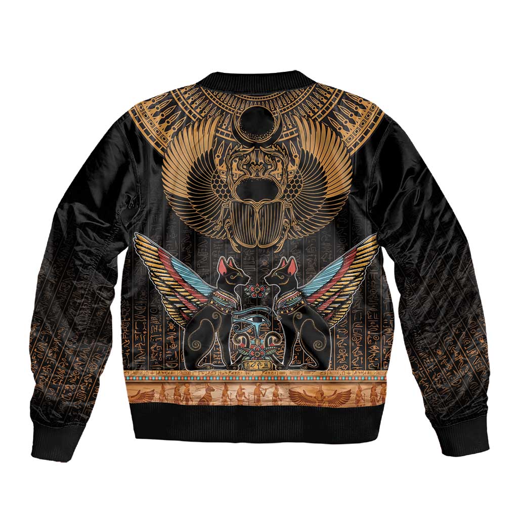 Ancient Egypt Scarab Beetle Sleeve Zip Bomber Jacket Hieroglyphs Alphabet Pattern