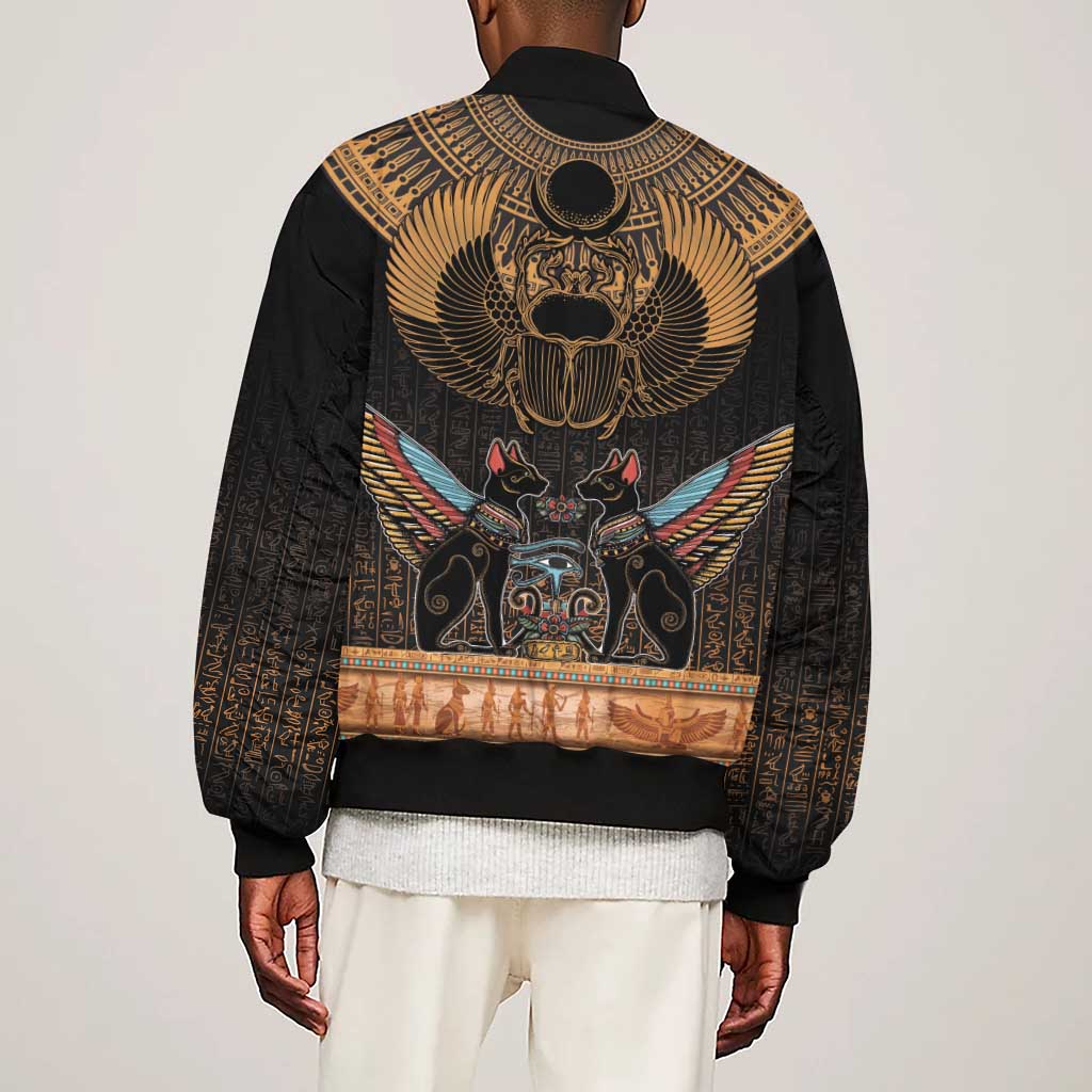 Ancient Egypt Scarab Beetle Sleeve Zip Bomber Jacket Hieroglyphs Alphabet Pattern
