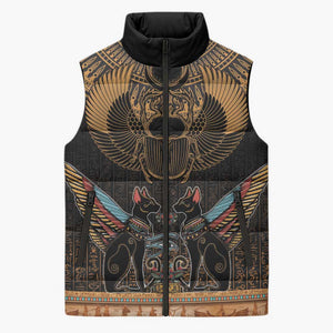 Ancient Egypt Scarab Beetle Sleeveless Puffer Jacket Hieroglyphs Alphabet Pattern