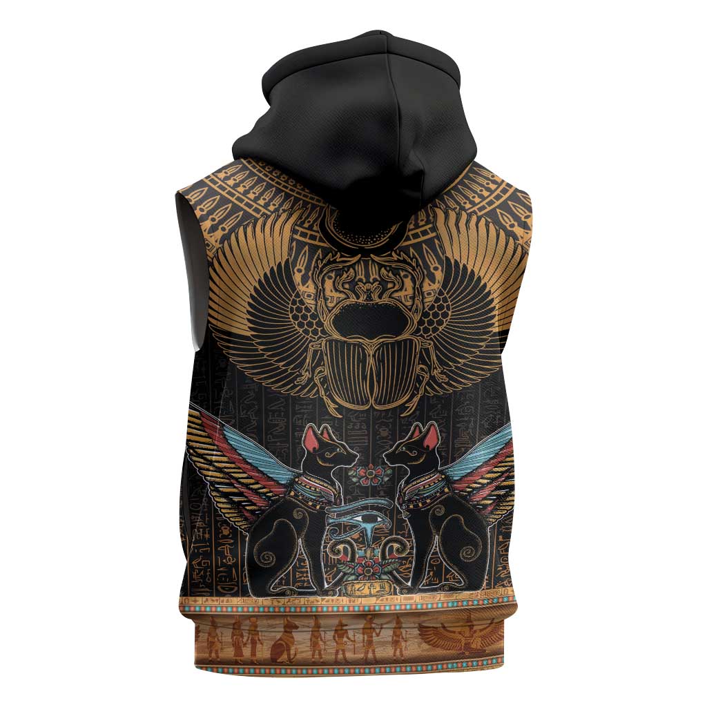 Ancient Egypt Scarab Beetle Sleeveless Zip Hoodie Hieroglyphs Alphabet Pattern - African Pride