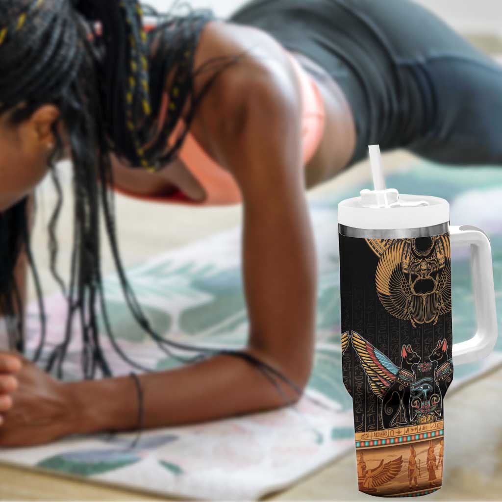 Ancient Egypt Scarab Beetle Tumbler With Handle Hieroglyphs Alphabet Pattern