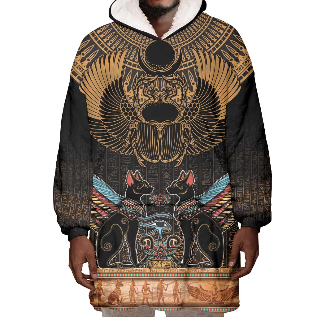 Ancient Egypt Scarab Beetle Wearable Blanket Hoodie Hieroglyphs Alphabet Pattern