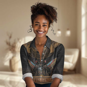 Ancient Egypt Scarab Beetle Women Casual Shirt Hieroglyphs Alphabet Pattern