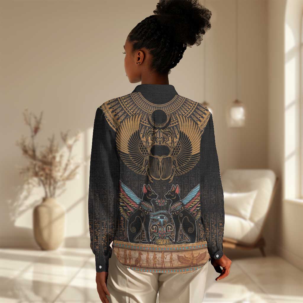 Ancient Egypt Scarab Beetle Women Casual Shirt Hieroglyphs Alphabet Pattern