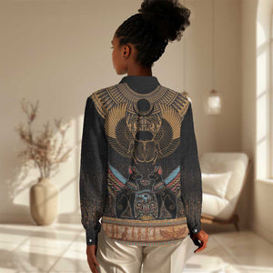 Ancient Egypt Scarab Beetle Women Casual Shirt Hieroglyphs Alphabet Pattern