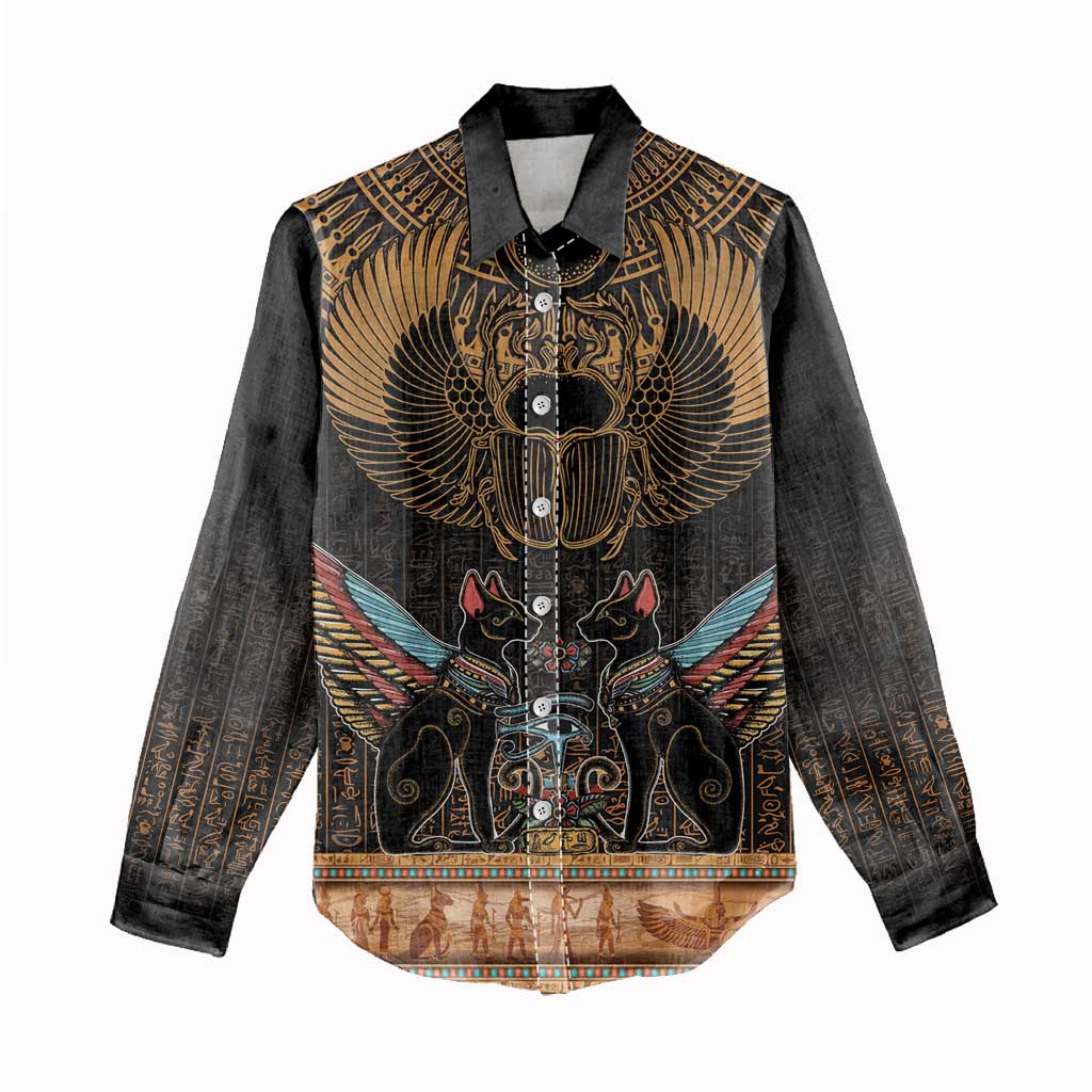 Ancient Egypt Scarab Beetle Women Casual Shirt Hieroglyphs Alphabet Pattern