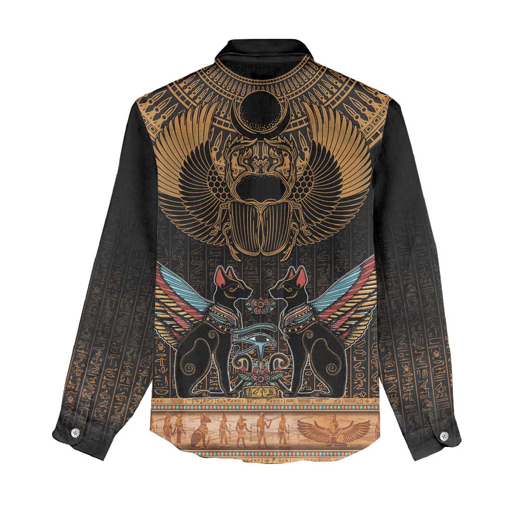 Ancient Egypt Scarab Beetle Women Casual Shirt Hieroglyphs Alphabet Pattern