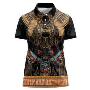 Ancient Egypt Scarab Beetle Women Polo Shirt Hieroglyphs Alphabet Pattern